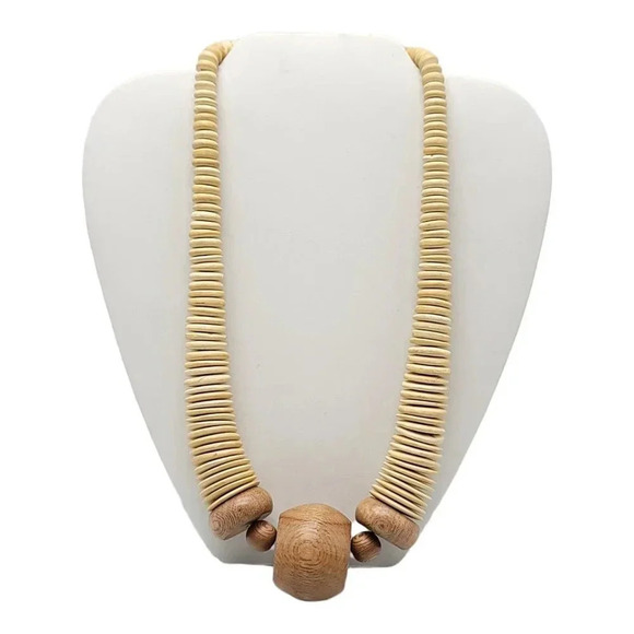 Vintage Jewelry - Bohemian Wooden Graduated Bead Hook And Eye Adjustable Necklace Vintage